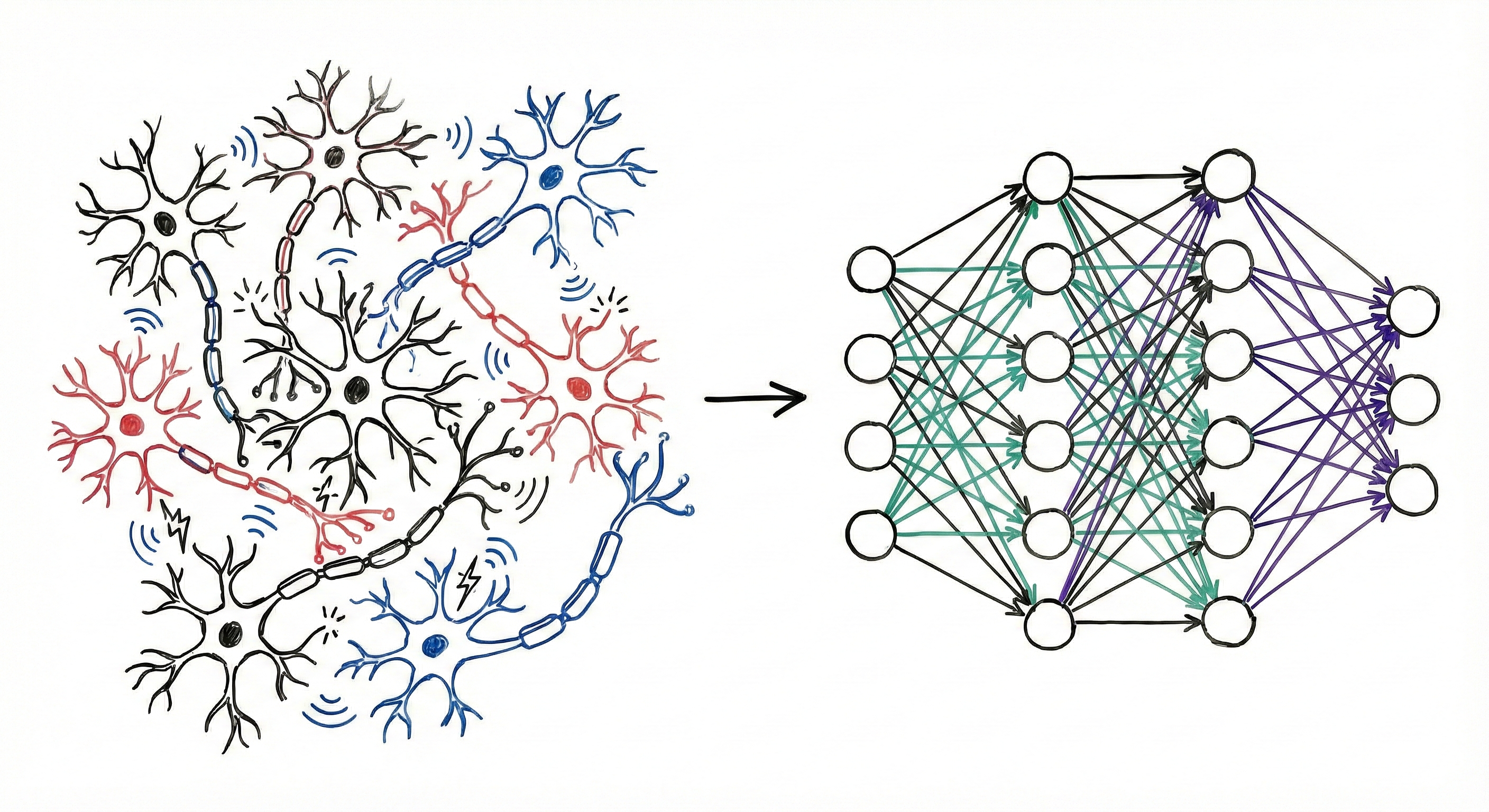 Illustration comparing a human brain with a neural network diagram